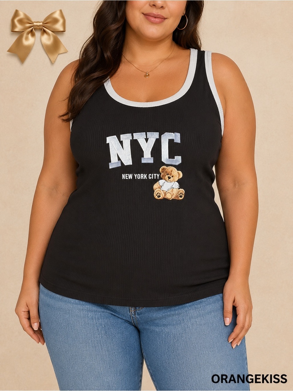 Orangekiss NYC Teddy Bear Ribbed Tank Top Black White Trim Plus Size 1X